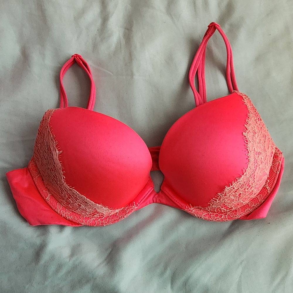 Victoria's Secret Very Sexy Push-up Bra 32B Bright Pink White Lace